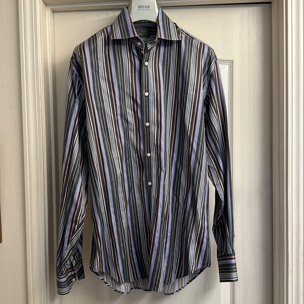 Thomas Dean button down.  EUC, large. Vertical stripes - purple and gray.